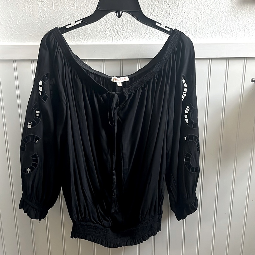 Black Women's Top with cut work sleeves and tassel tie
